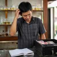 Pemilik toko bingung menghitung uang laci