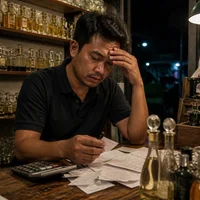Pemilik toko lelah merekap nota di malam hari
